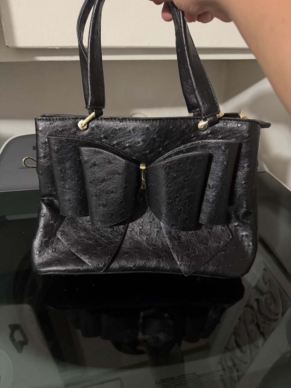 New Crossi Black Faux Leather Ostrich Bow Satchel Handbag